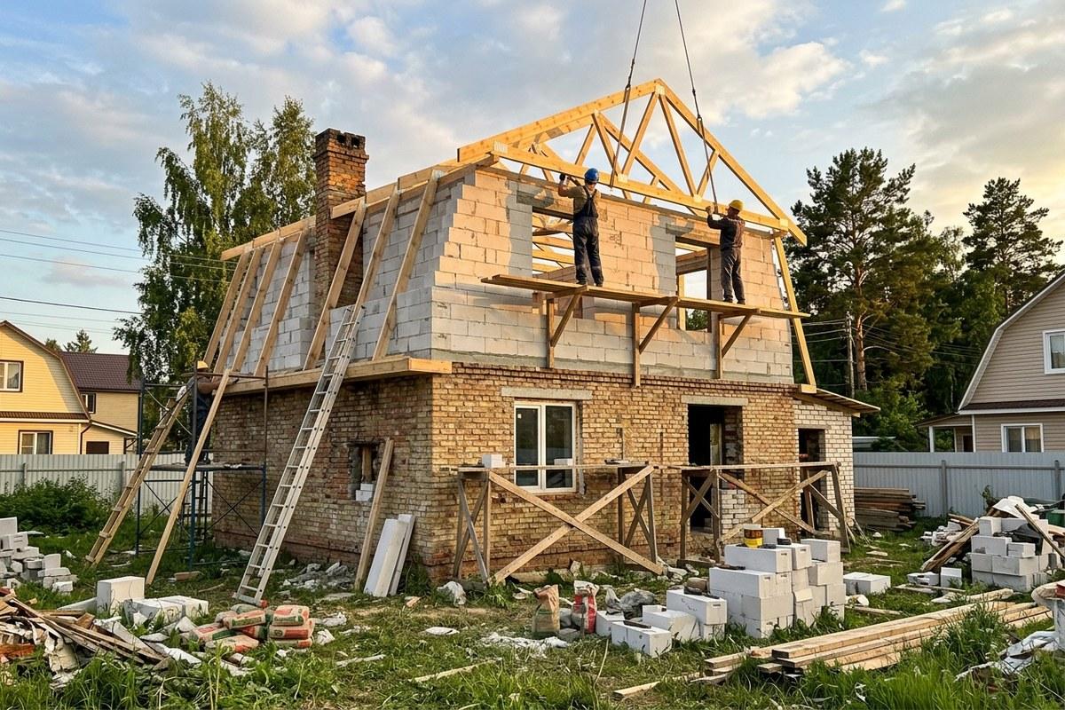 Надстройка мансардного этажа из лёгких автоклавных газобетонных блоков D400 на существующем доме
